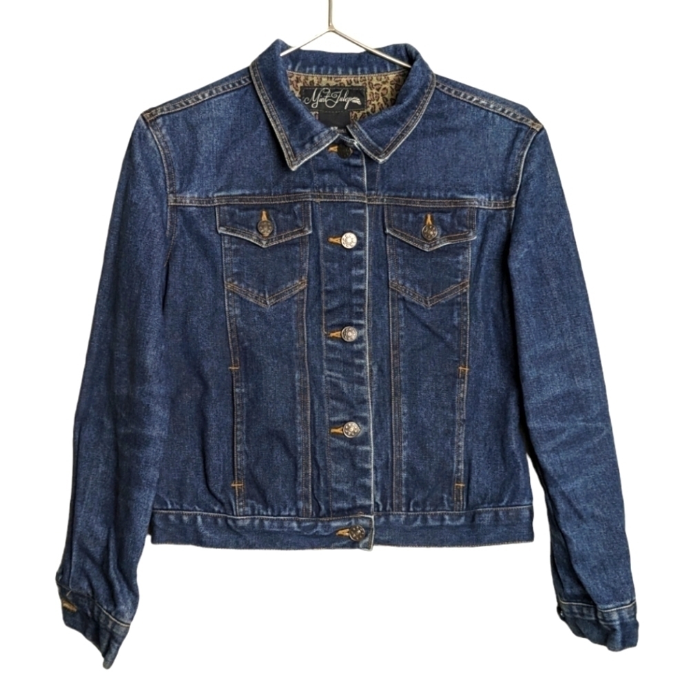 Mint Julep Retro Denim Blue Jean Jacket Leopard Print Interior Button Unique Fun